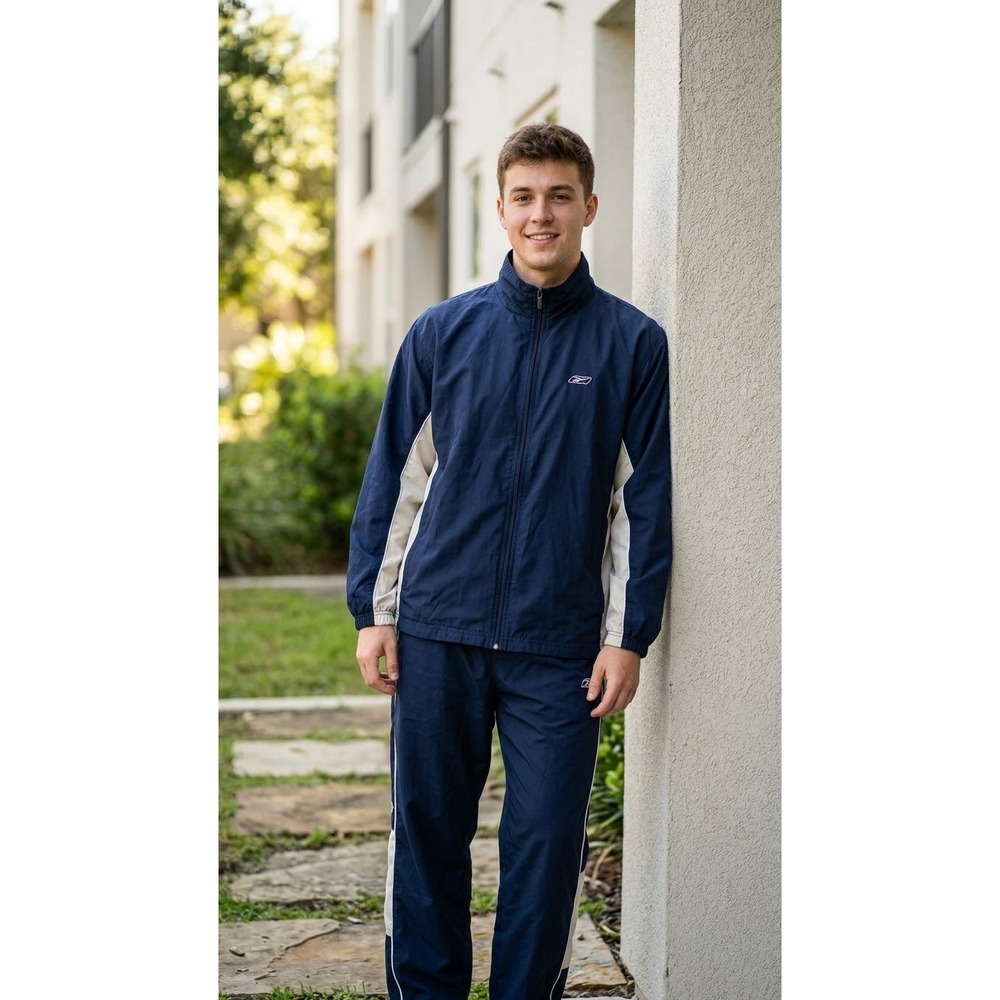 Vintage 90s Reebok Tracksuit Set Navy Blue Men's L Packable Hood Zip Ankle Lined